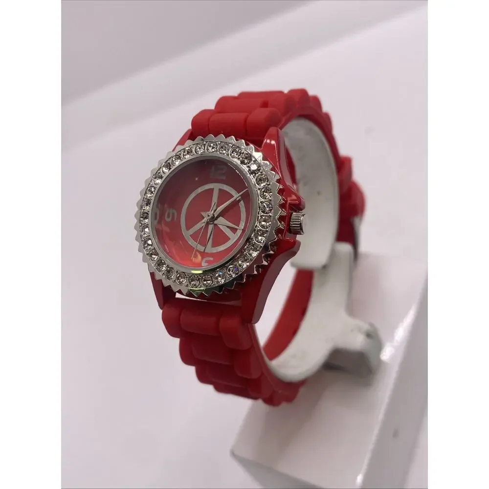 Geneva Red Rhinestone Watch Works New Battery Womens